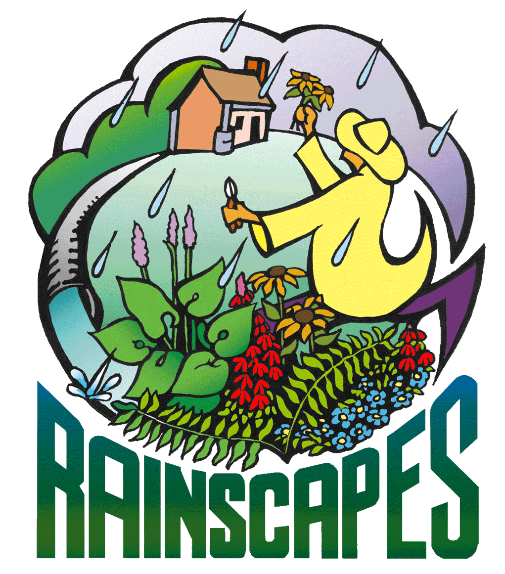 Illustration of a person gardening near a house with flowers, greenery, and rain; the word "RAINSCAPES" appears at the bottom.
