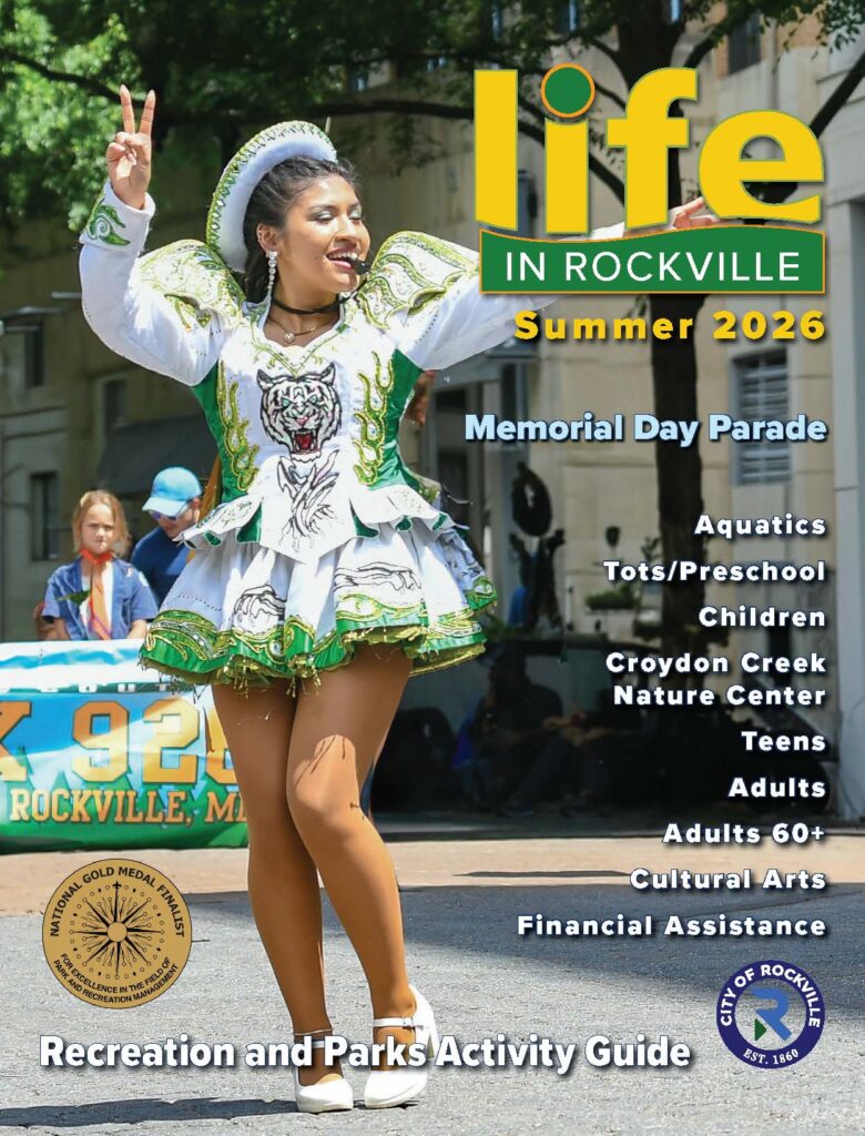 A dancer in festive costume performs in a street parade. Text promotes Rockville’s Summer 2026 recreation and parks activity guide, highlighting events and activities for all ages.