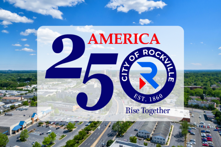 Aerial view of Rockville, Maryland with a graphic overlay reading 