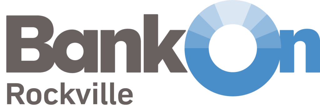 Bank On Rockville logo with 'Bank On' in bold letters and a blue circular graphic forming part of the 'O'; 'Rockville' appears below in smaller text.