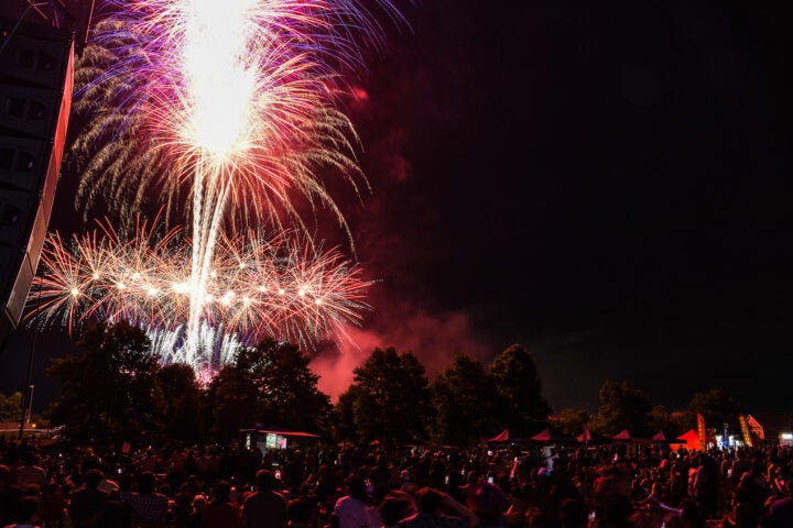 A large crowd watches colorful fireworks burst in the night sky over a park, with trees and tents visible in the background.