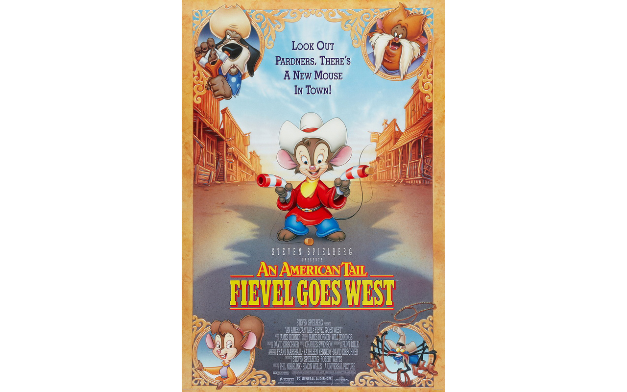 Poster for "An American Tail: Fievel Goes West" showing Fievel dressed as a cowboy, with other animated mouse characters in themed frames and a western town background.