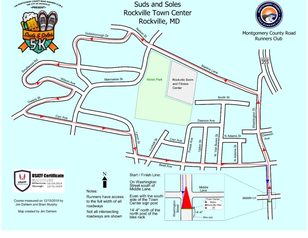 Map of the Suds and Soles 5K race route in Rockville, MD, highlighting streets, start/finish line, landmarks, and event details.