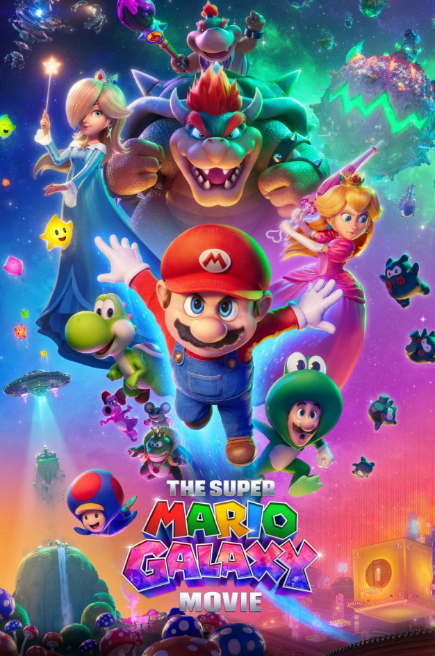 Mario, Luigi, Princess Peach, Bowser, Rosalina, and Yoshi appear in a colorful space-themed setting with stars and planets. Text reads 