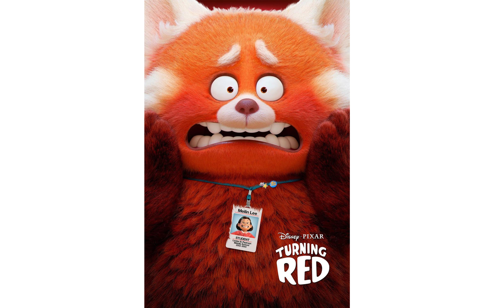 An animated red panda with a worried expression wears a name tag that reads "Meilin Lee." The poster features the title "Turning Red" and the Disney Pixar logo.