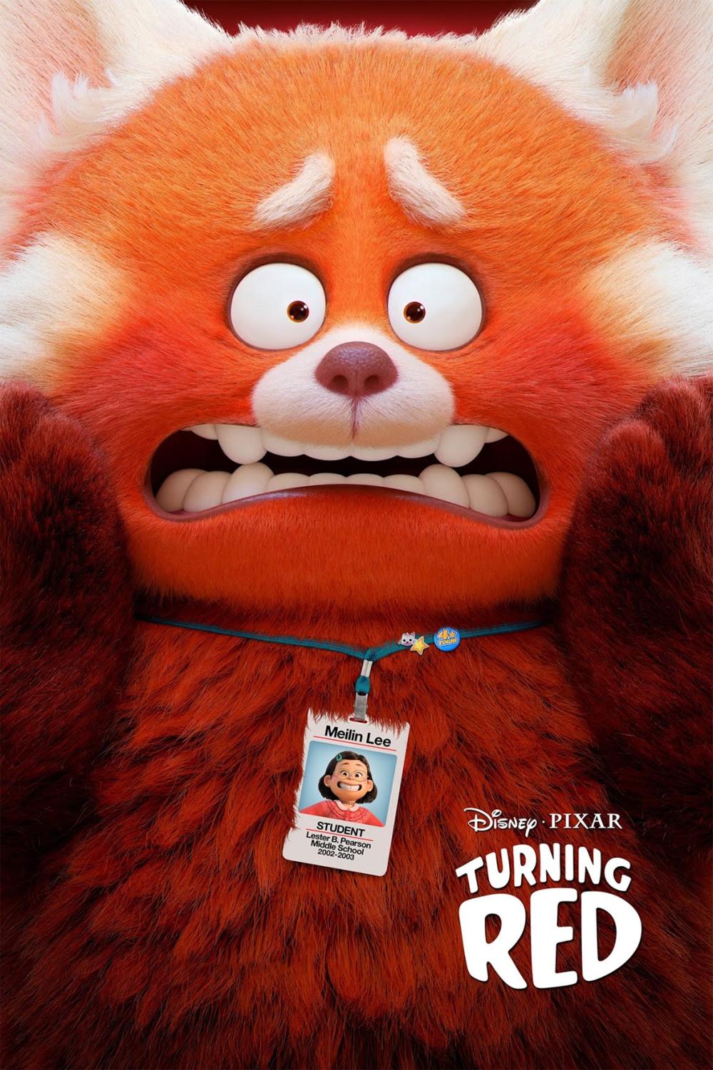 Animated red panda character nervously clutches its cheeks, wearing a student ID badge that reads “Meilin Lee.” The words “Disney Pixar Turning Red” appear at the bottom right.