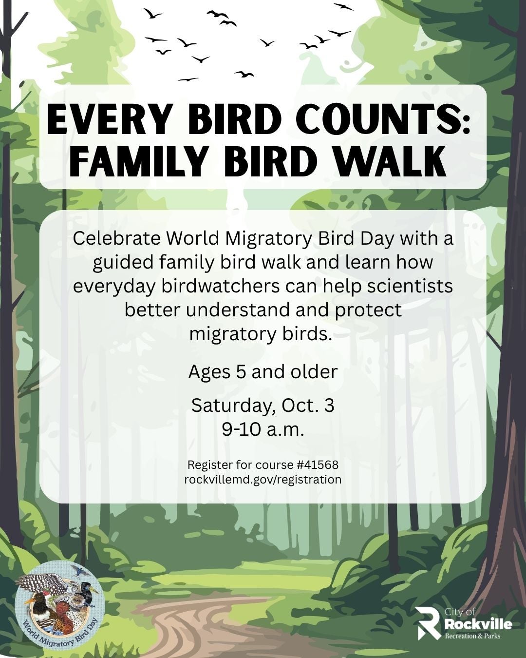 Flyer for a family bird walk event on World Migratory Bird Day, Oct. 3, 9-10 a.m., for ages 5 and up; registration details and organizers’ logos included.
