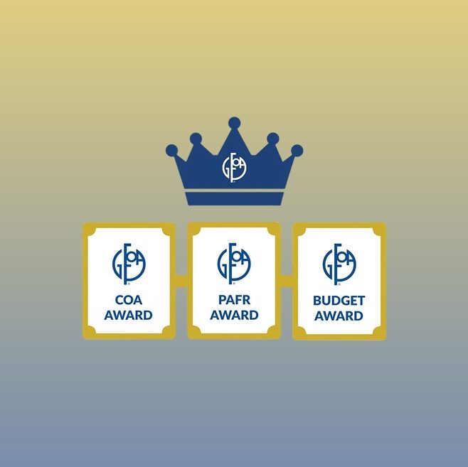 Three award plaques labeled COA, PAFR, and BUDGET AWARD sit beneath a blue crown on a yellow-to-blue gradient background.