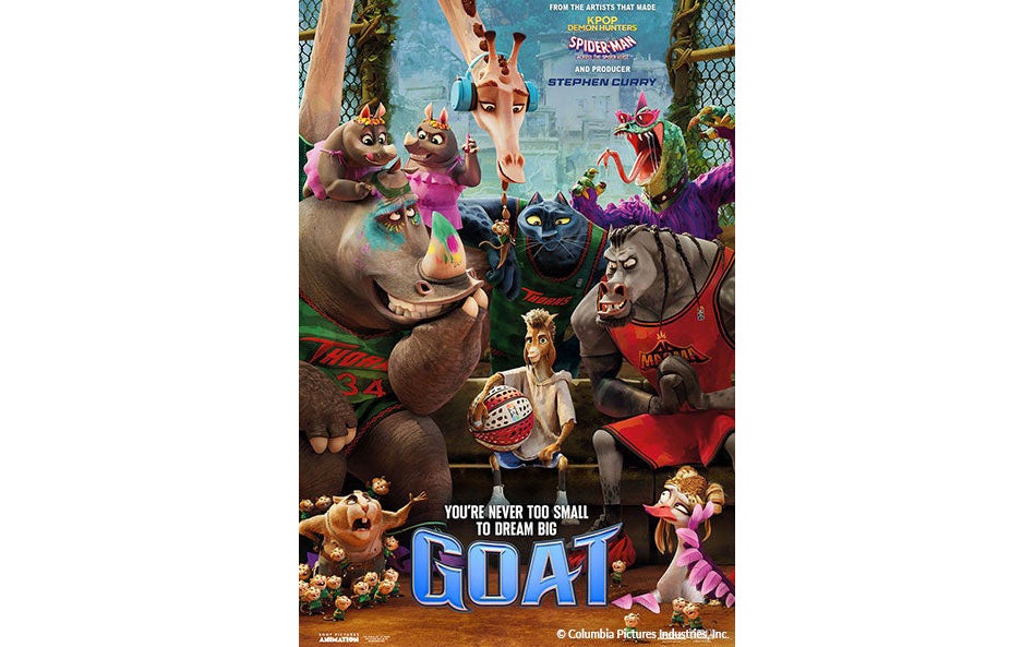 Animated animals in sports uniforms pose on a basketball court with a net and crowd in the background