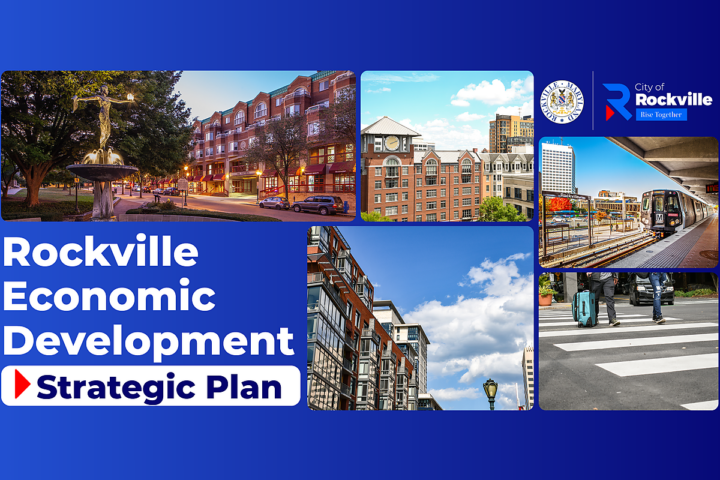 Collage of Rockville cityscapes, transit, and buildings with text: 