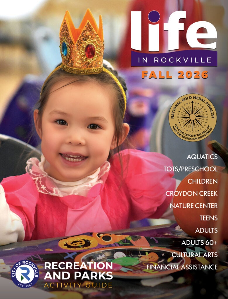 Young child wearing a crown and pink outfit smiles at a table, with fall 2026 Rockville Recreation and Parks activity guide text and program listings overlayed.