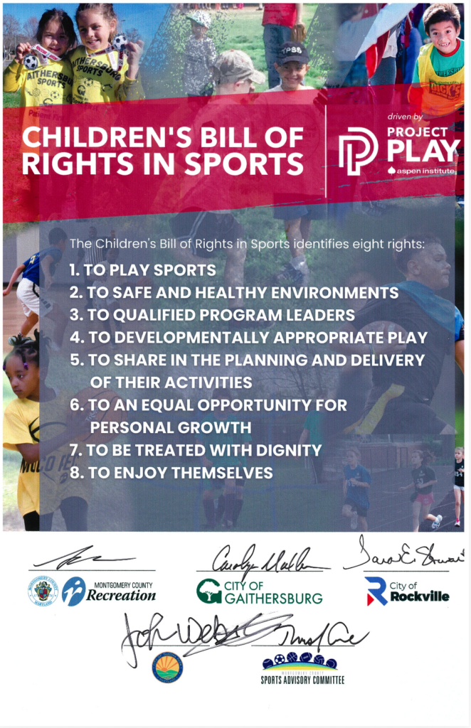 Poster listing the Children’s Bill of Rights in Sports, including eight rights for young athletes, with logos and signatures from local government and recreation organizations at the bottom.