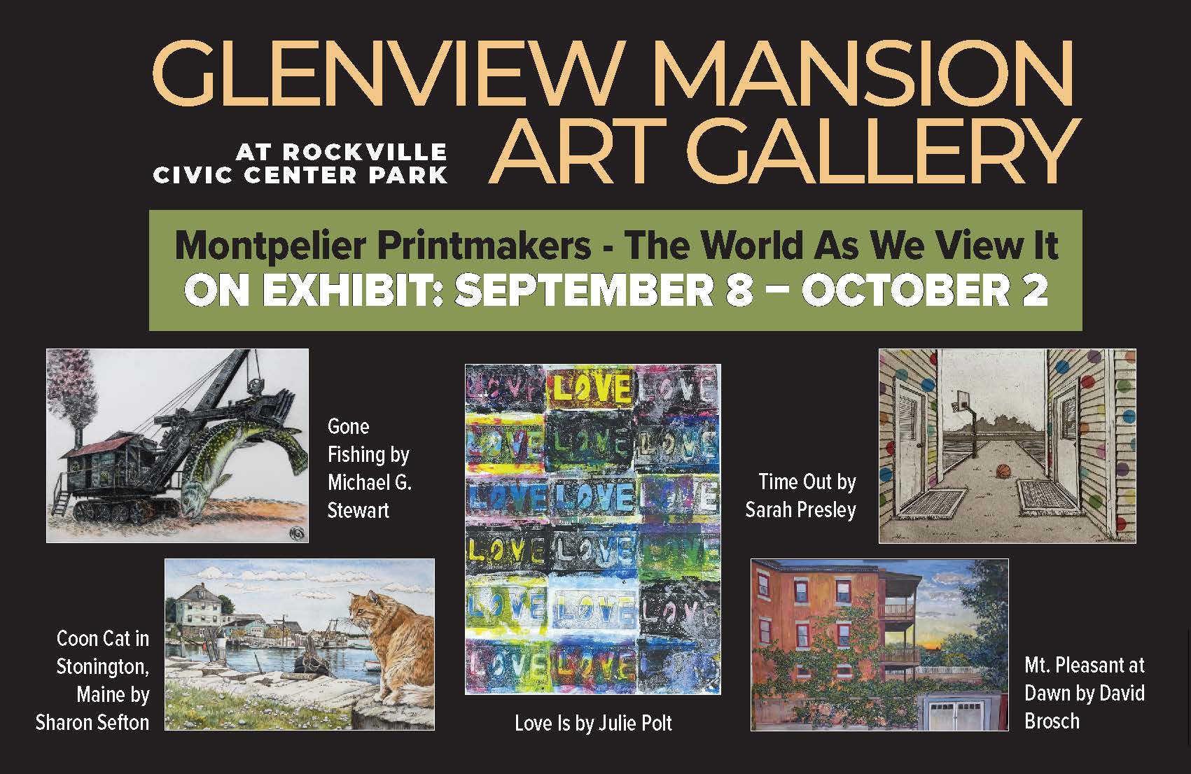 Poster for Glenview Mansion Art Gallery exhibit, featuring art images, titles, and artist names; exhibit runs from September 8 to October 2.