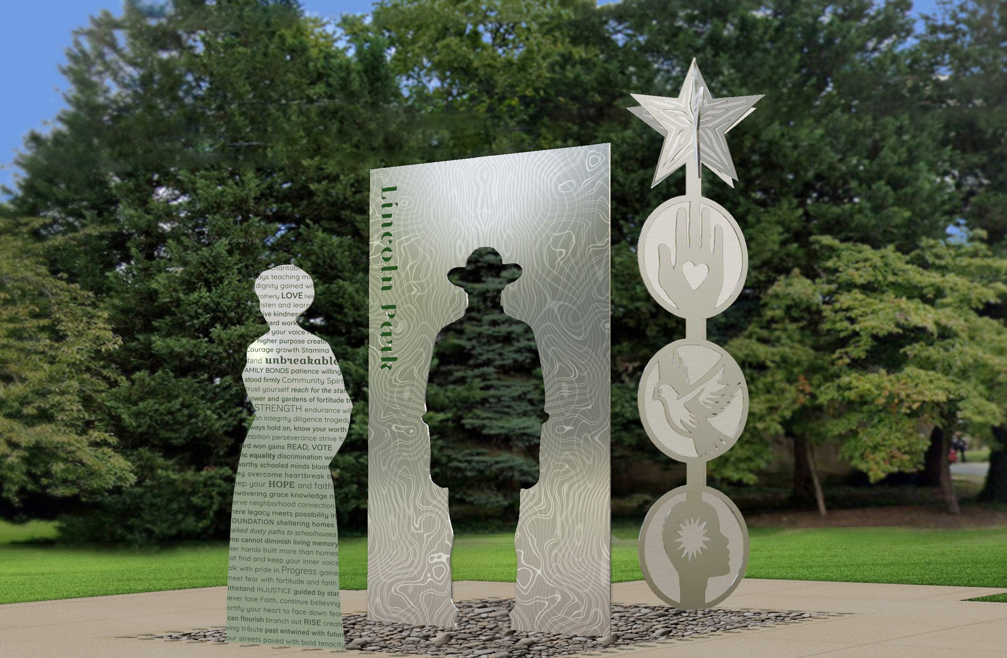 Outdoor sculpture featuring metal silhouettes of a man and a woman, with engraved text, beside a vertical structure topped with a star, set against a backdrop of trees and grass.