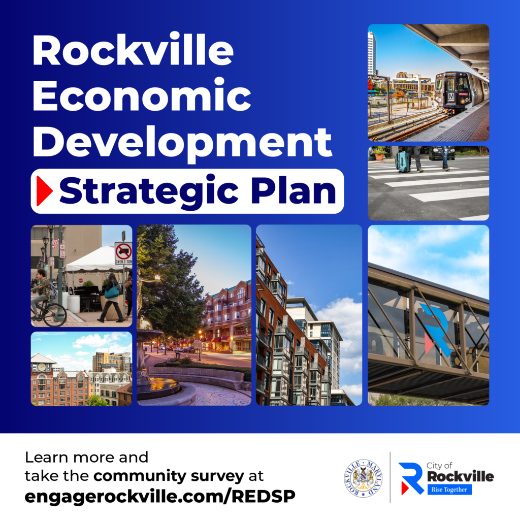 Rockville Economic Development Strategic Plan graphic with city images, survey link, and City of Rockville logo.