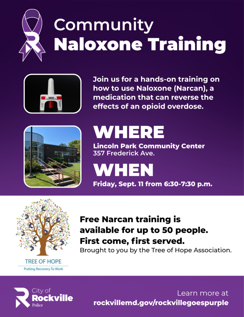 Flyer for a Community Naloxone Training event with details on date, time, location, and free Narcan kit availability, hosted by the City of Rockville and Tree of Hope Association.