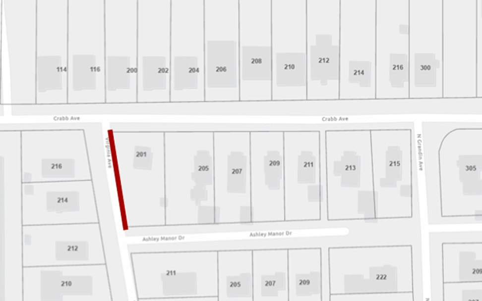 Map showing Ashley Manor Dr and Crabb Ave intersection; a short segment of a street near 201 Ashley Manor Dr is highlighted in red.