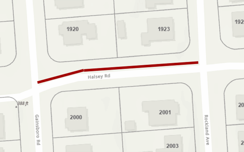 A map shows Halsey Rd highlighted in red, intersecting with Gainsboro Rd and Rockland Ave. Nearby houses are labeled with numbers such as 1920, 1923, 2000, and 2001.