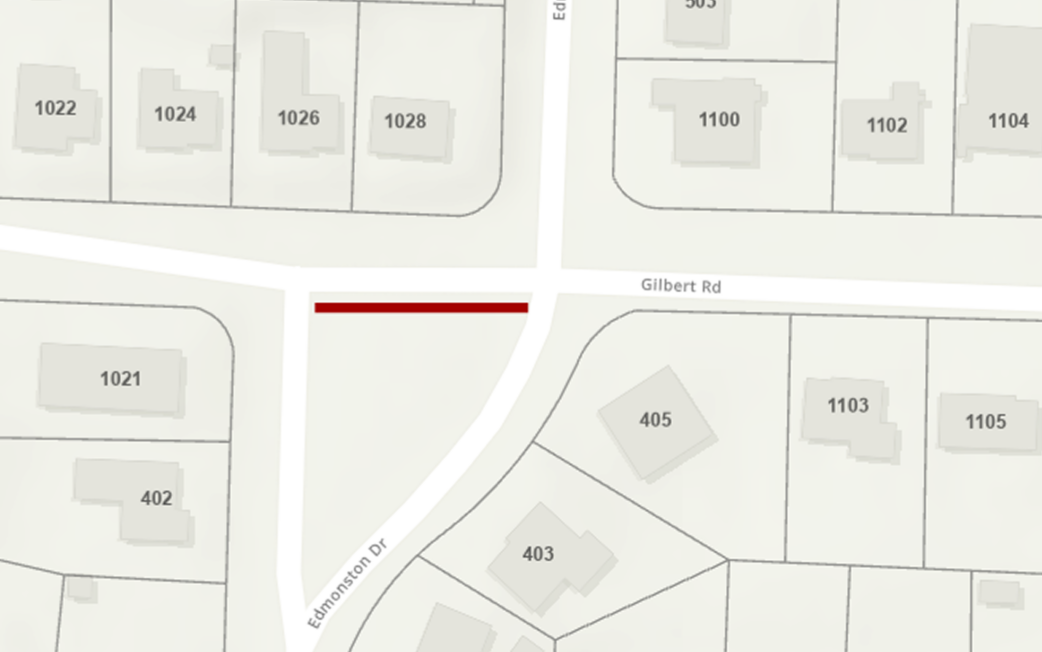 A map shows a red line along Gilbert Rd at the corner of Edmonston Dr, with surrounding lots and house numbers labeled.
