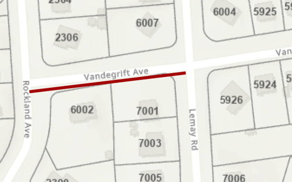 A map shows a highlighted section of Vandegrift Ave between Rockland Ave and Lemay Rd, with nearby house numbers labeled.