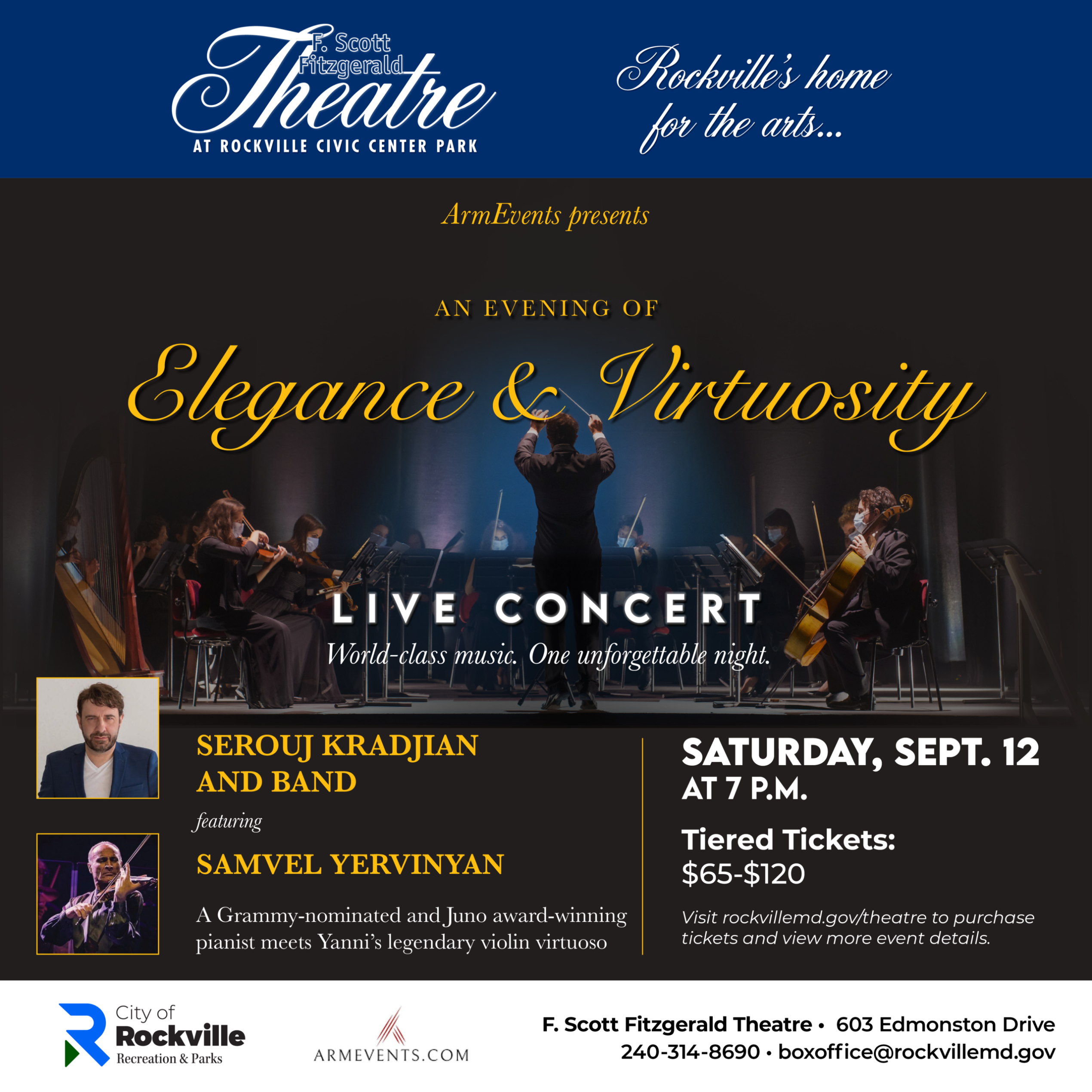 Concert poster for “An Evening of Elegance & Virtuosity” featuring Serouj Kradjian and Samvel Yervinyan, with event details, ticket prices, and venue information at F. Scott Fitzgerald Theatre.