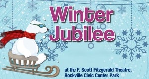 A polar bear in a red scarf sleds beside the text “Winter Jubilee” and event location details on a blue, snowflake-filled background.