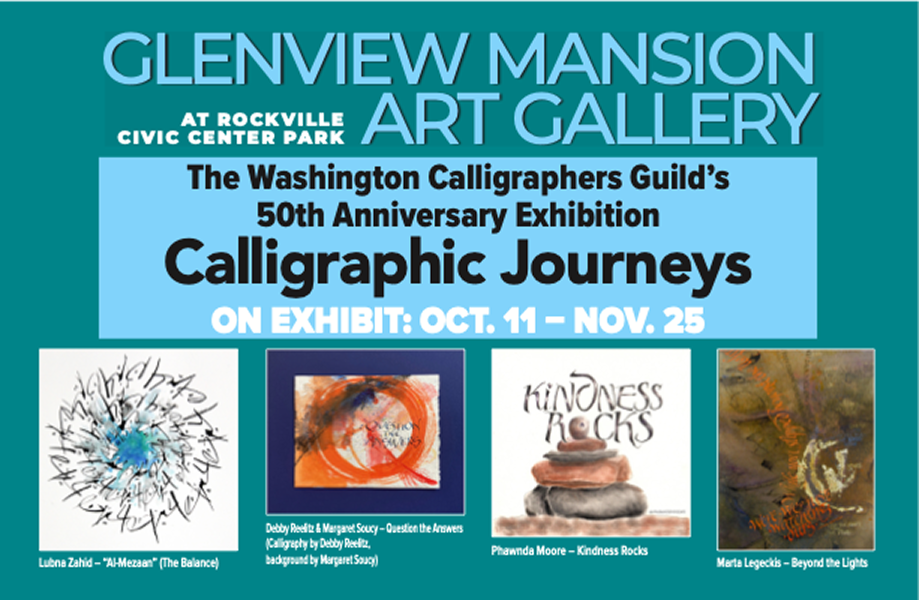 Event poster for “Calligraphic Journeys,” the Washington Calligraphers Guild’s 50th anniversary exhibition, on view Oct. 11–Nov. 25 at Glenview Mansion Art Gallery.
