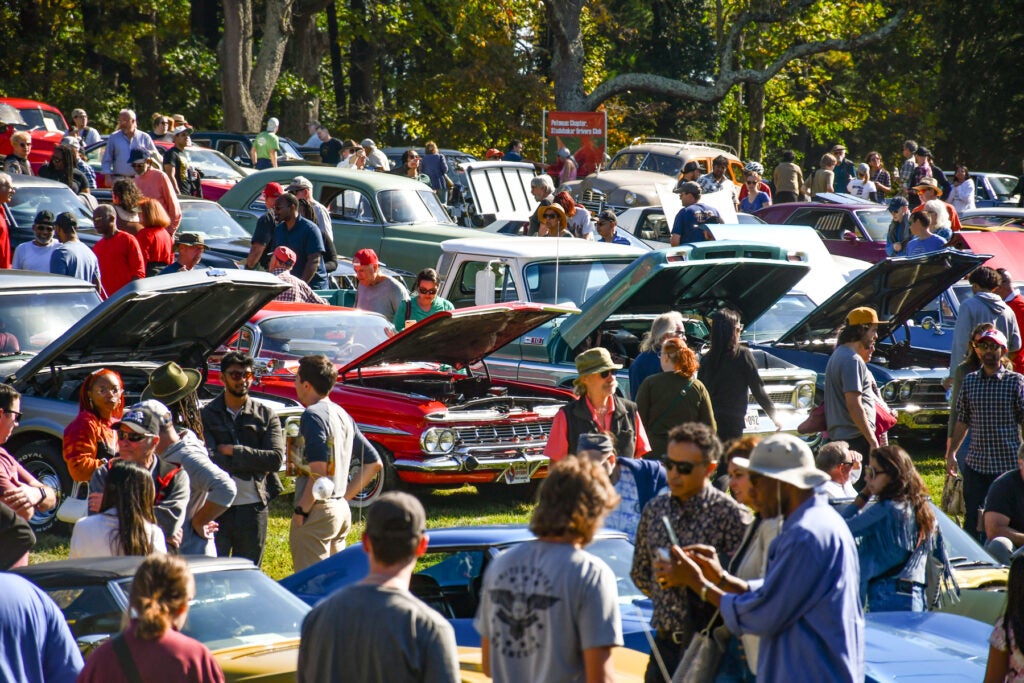 A large crowd gathers at an outdoor classic car show, examining vehicles with open hoods on a sunny day amid trees and green grass.