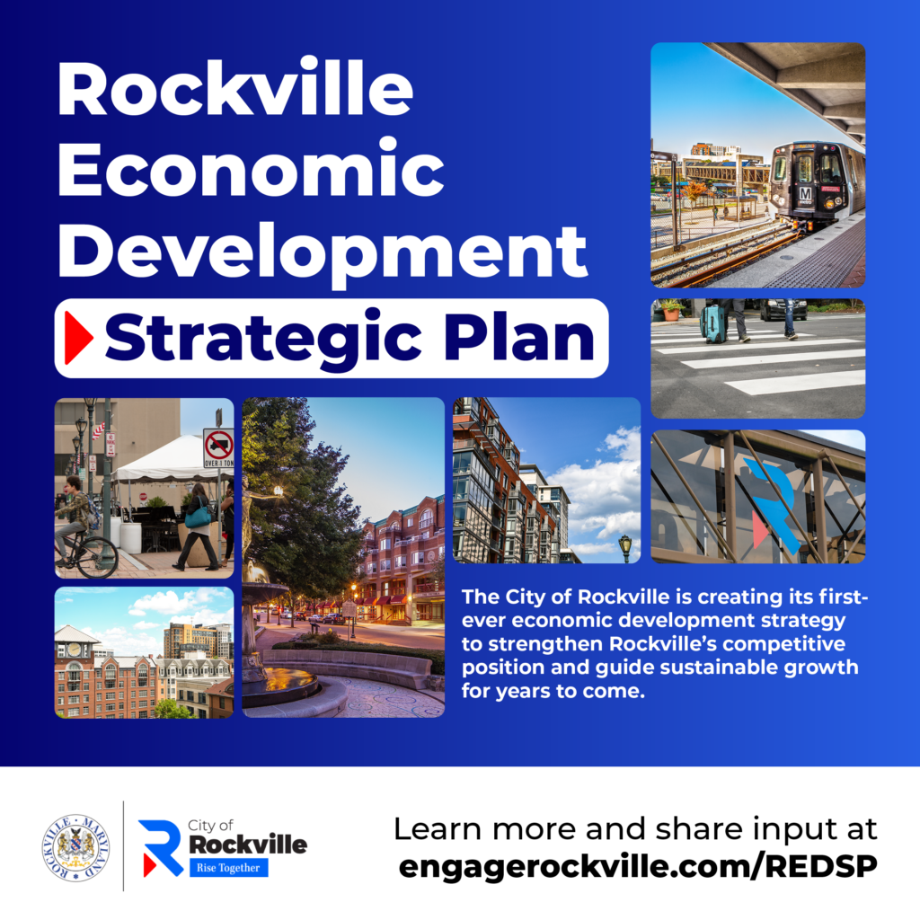 Collage of Rockville city scenes with text promoting Rockville Economic Development Strategic Plan and a link for more information at engagerockville.com/REDSP.