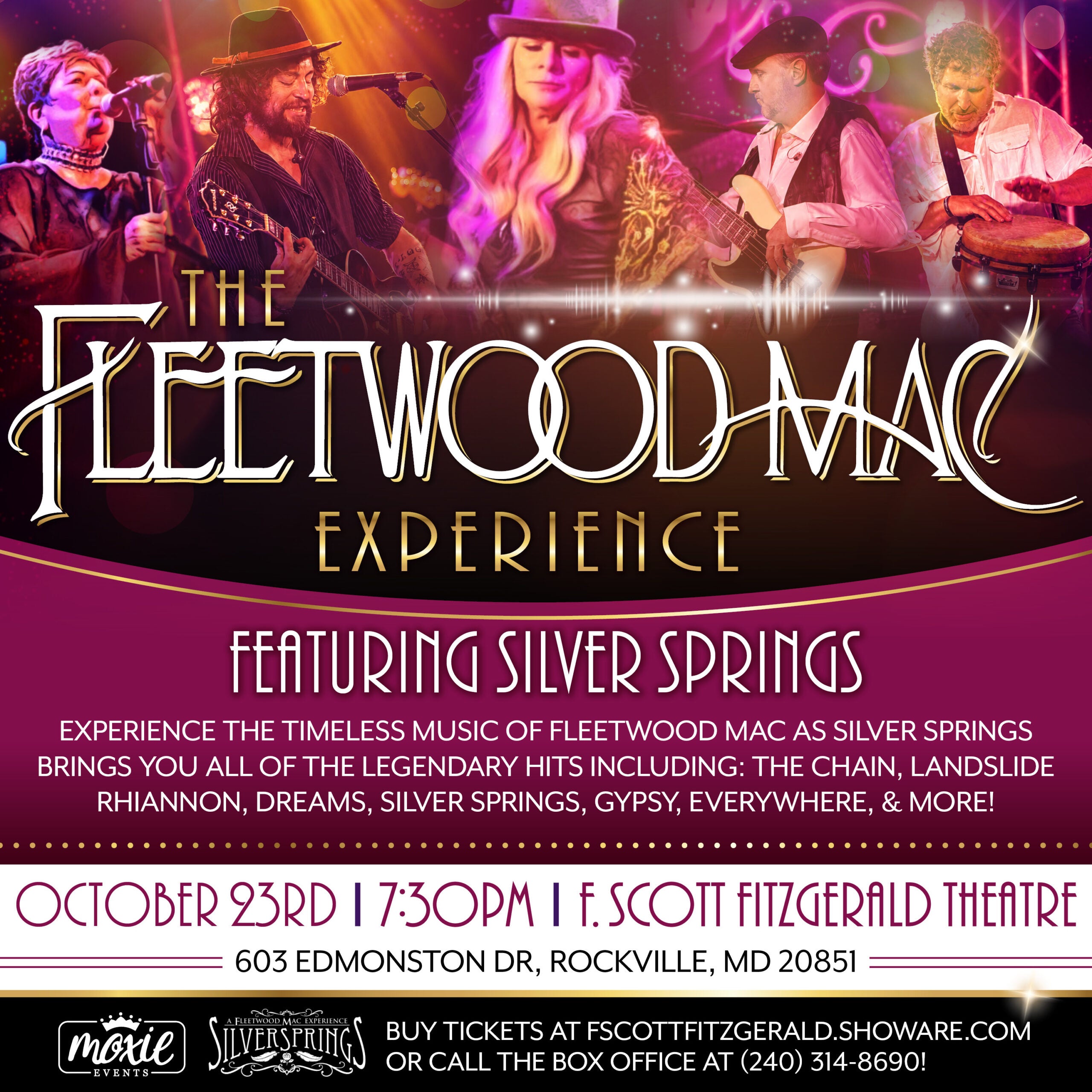 A promotional poster for The Fleetwood Mac Experience concert featuring Silver Springs on October 23rd at 7:30 PM at F. Scott Fitzgerald Theatre, Rockville, MD.