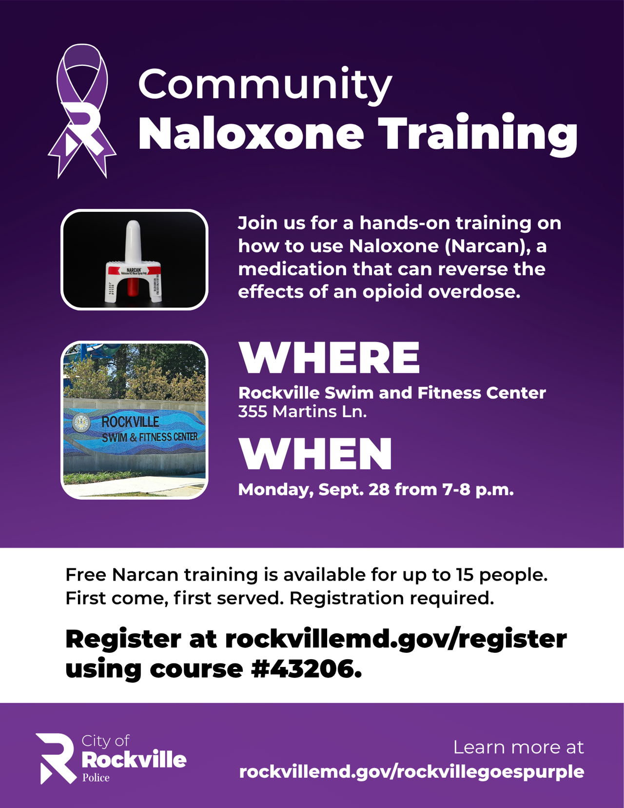 Flyer for Community Naloxone Training at Rockville Swim and Fitness Center on Sept. 28, 7-8 p.m., offering free Narcan training; registration required at rockvillemd.gov/register.