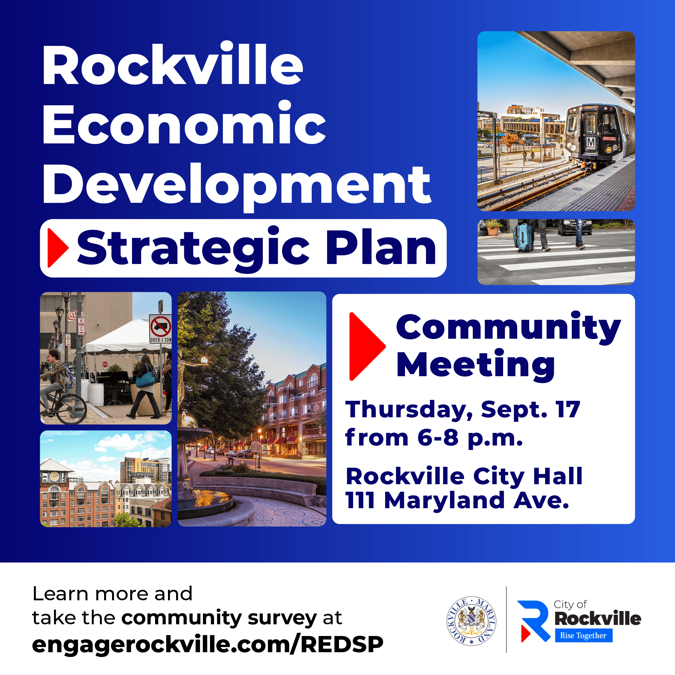 Flyer for Rockville Economic Development Strategic Plan community meeting on Thursday, Sept. 17, 6-8 p.m., at Rockville City Hall, with photos of local landmarks and a survey link.