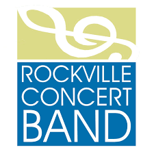 Rockville Concert Band logo with a white treble clef on a light green background above the band name in white text on a blue background.