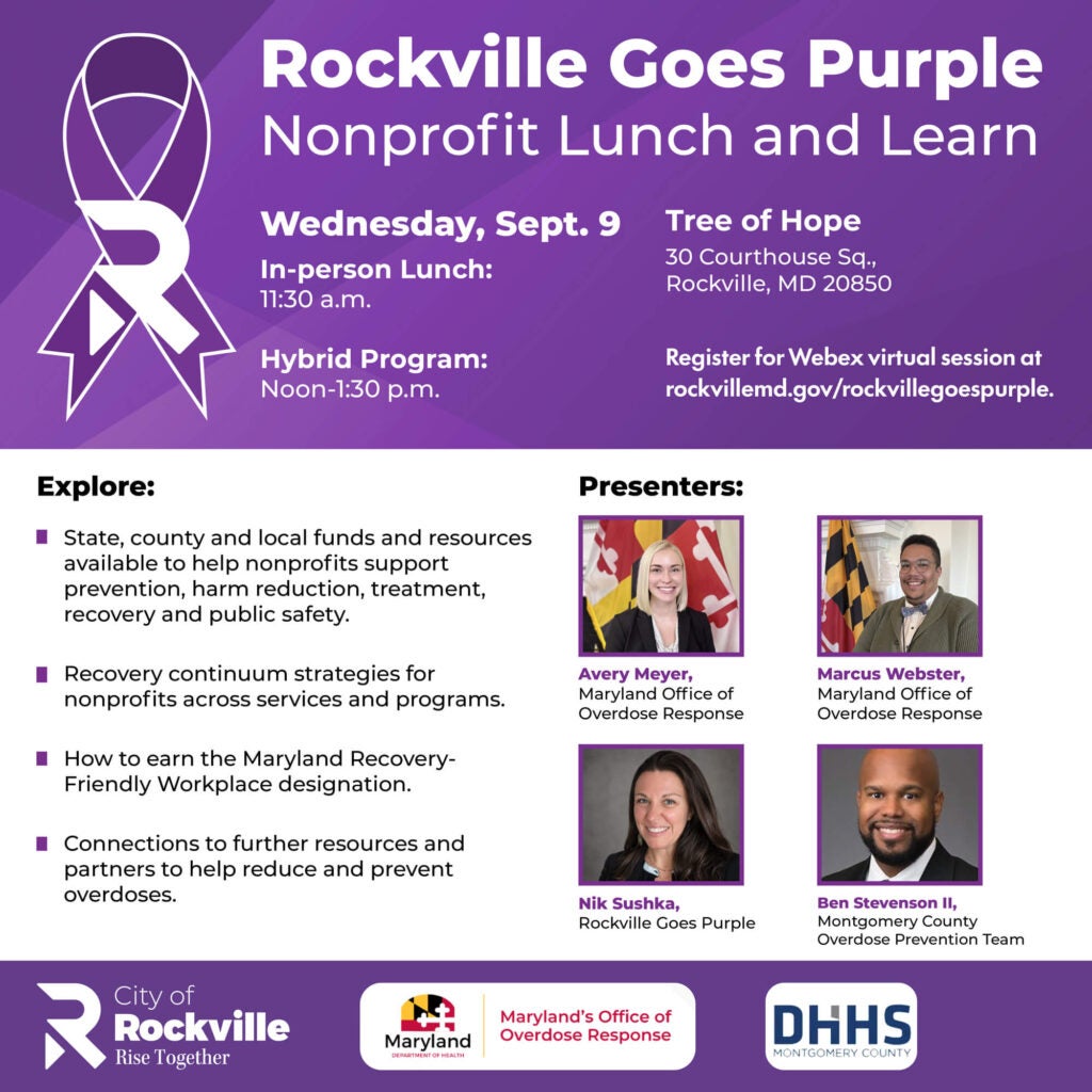 Event flyer for “Rockville Goes Purple” nonprofit lunch and learn on September 9, with details on time, location, speakers, and event topics related to overdose prevention and recovery.