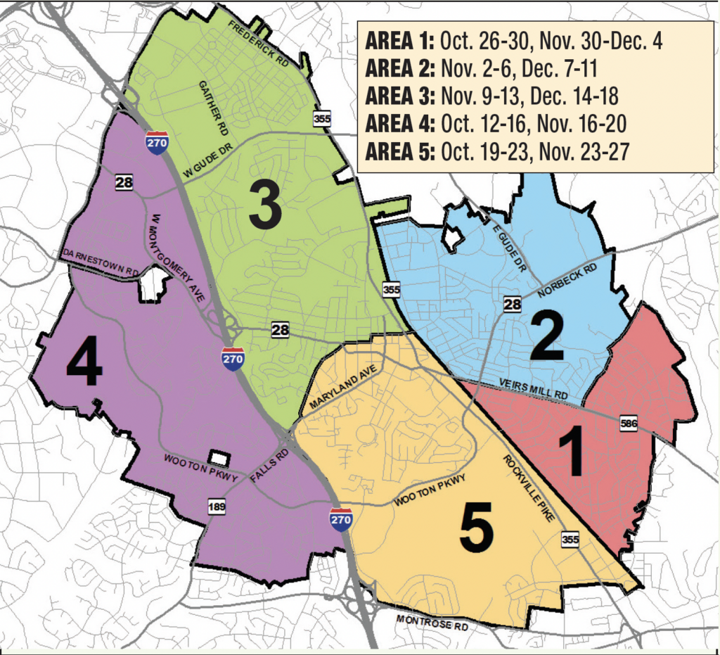 Map showing Rockville divided into five color-coded areas with date ranges listed for each area: 1 (red), 2 (blue), 3 (green), 4 (yellow), and 5 (purple). Streets and highways are labeled.