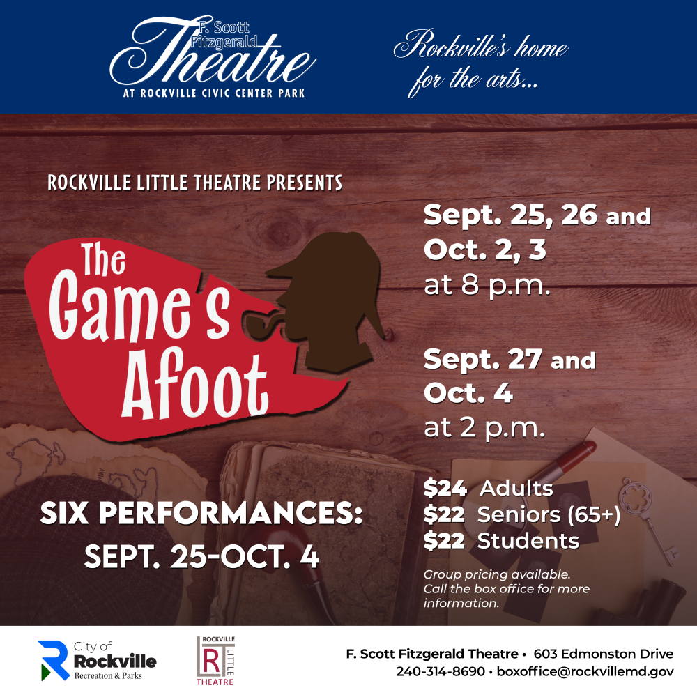 Poster for “The Game’s Afoot” play, showing show dates, ticket prices, contact info, and an illustrated detective with a magnifying glass in front of a typewriter.