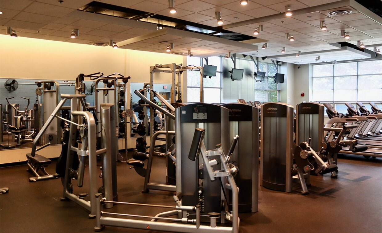 A modern gym with various strength training machines in the foreground and treadmills lined up near large windows in the background.