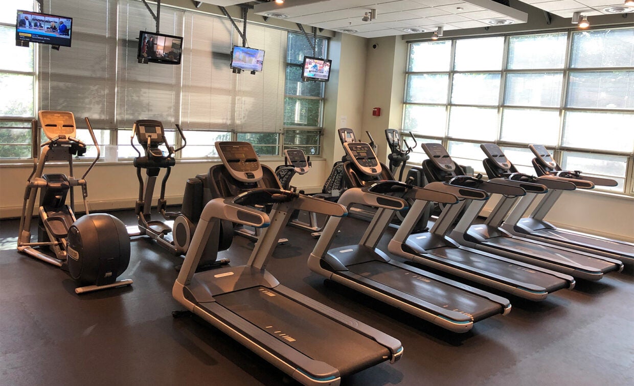 A gym with several treadmills and elliptical machines facing windows and wall-mounted TVs, in a well-lit, empty room.
