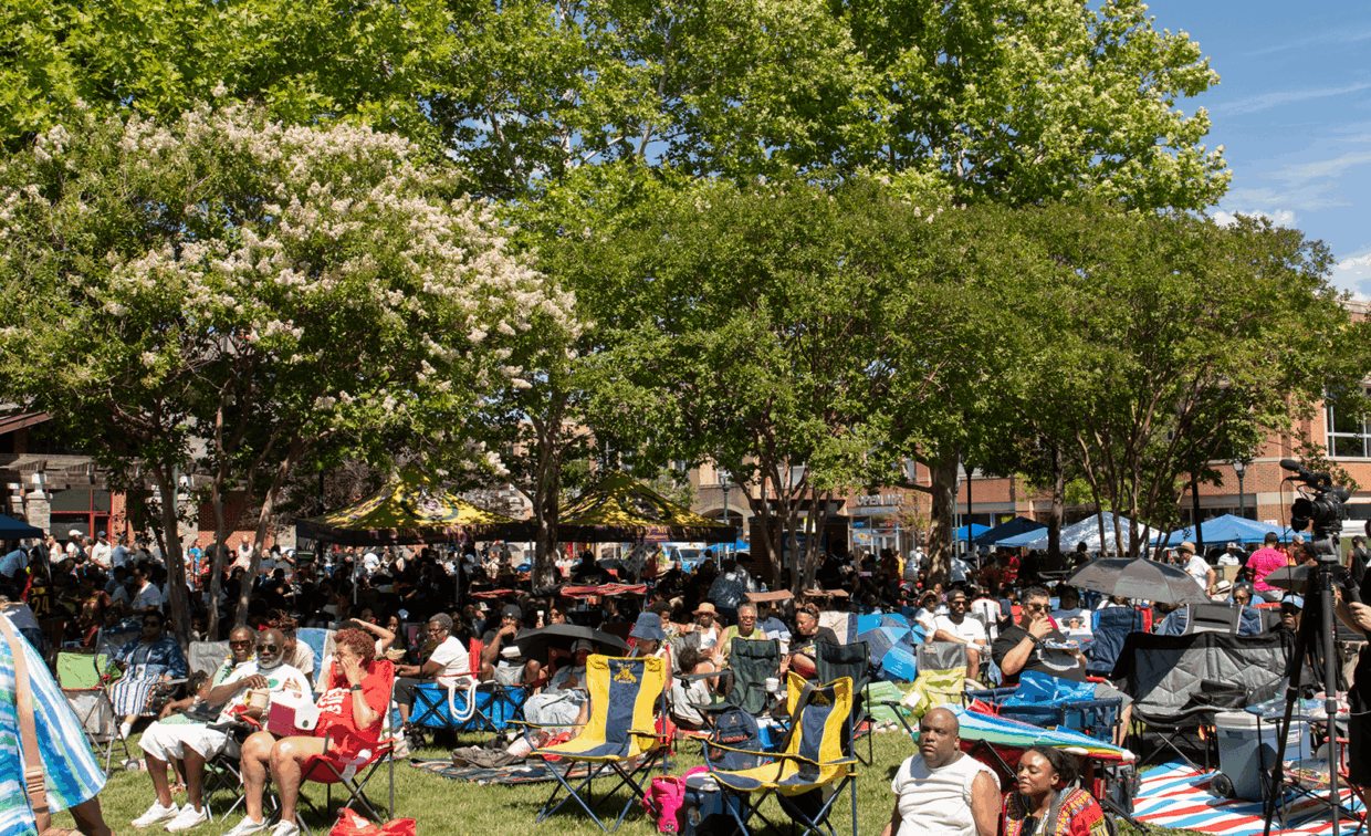 A large crowd sitting in folding chairs under trees at an outdoor event.
