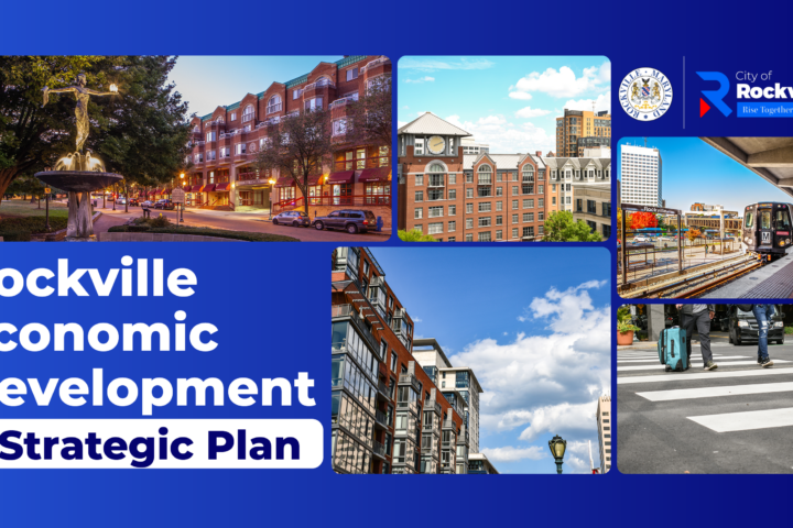 Collage for the City of Rockville Economic Development Strategic Plan featuring city landmarks, a metro train, and a pedestrian in a crosswalk.