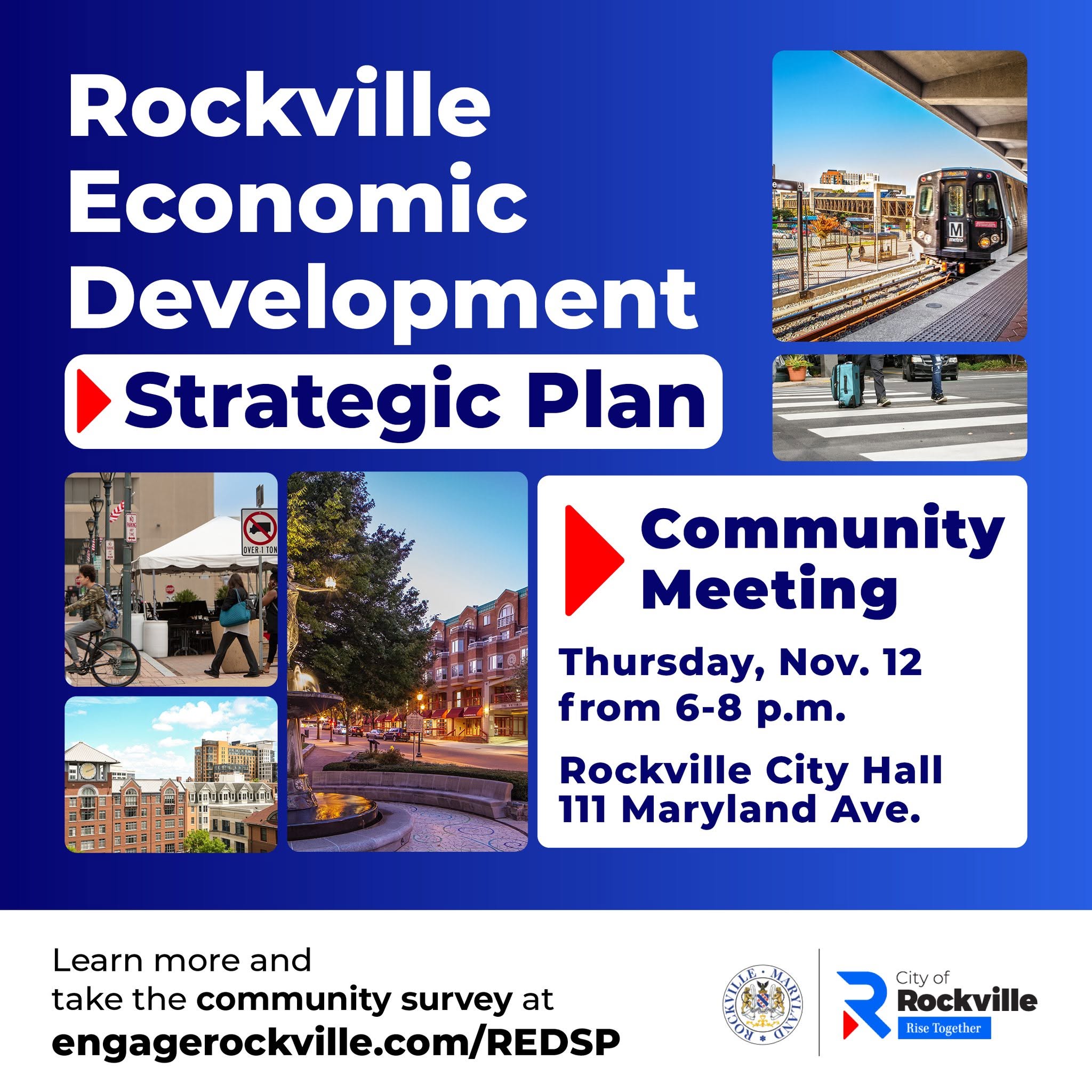 Event flyer for a Rockville Economic Development Strategic Plan community meeting on Thursday, Nov. 12, from 6-8 p.m. at Rockville City Hall, featuring photos of the city and metro station.