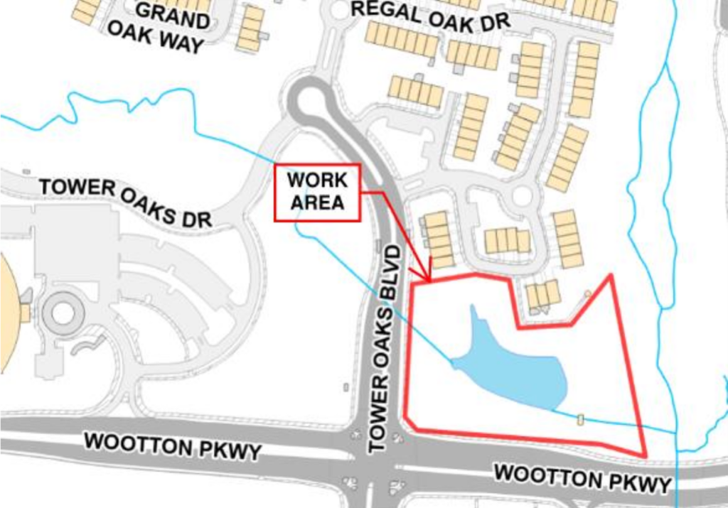 Map showing a designated work area outlined in red near the intersection of Tower Oaks Boulevard and Wootton Parkway.